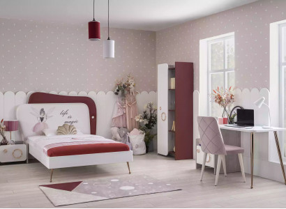 Modern children's room set: wooden furniture, children's bed, desk, shelf.